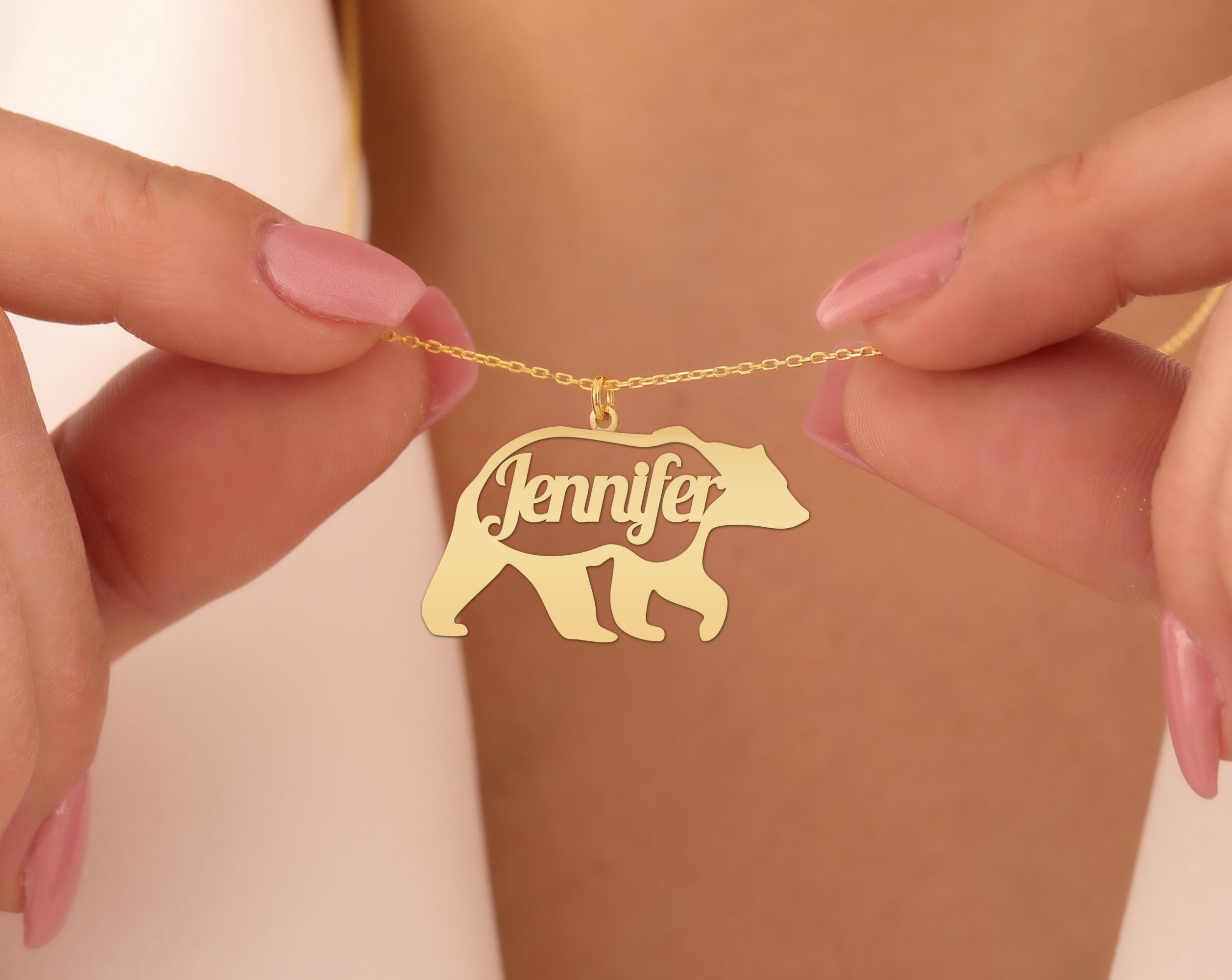 Bear Name Necklace Gold Plated Silver Pendant - Personalized Animal Jewelry - Unique Gift for Wildlife Lovers