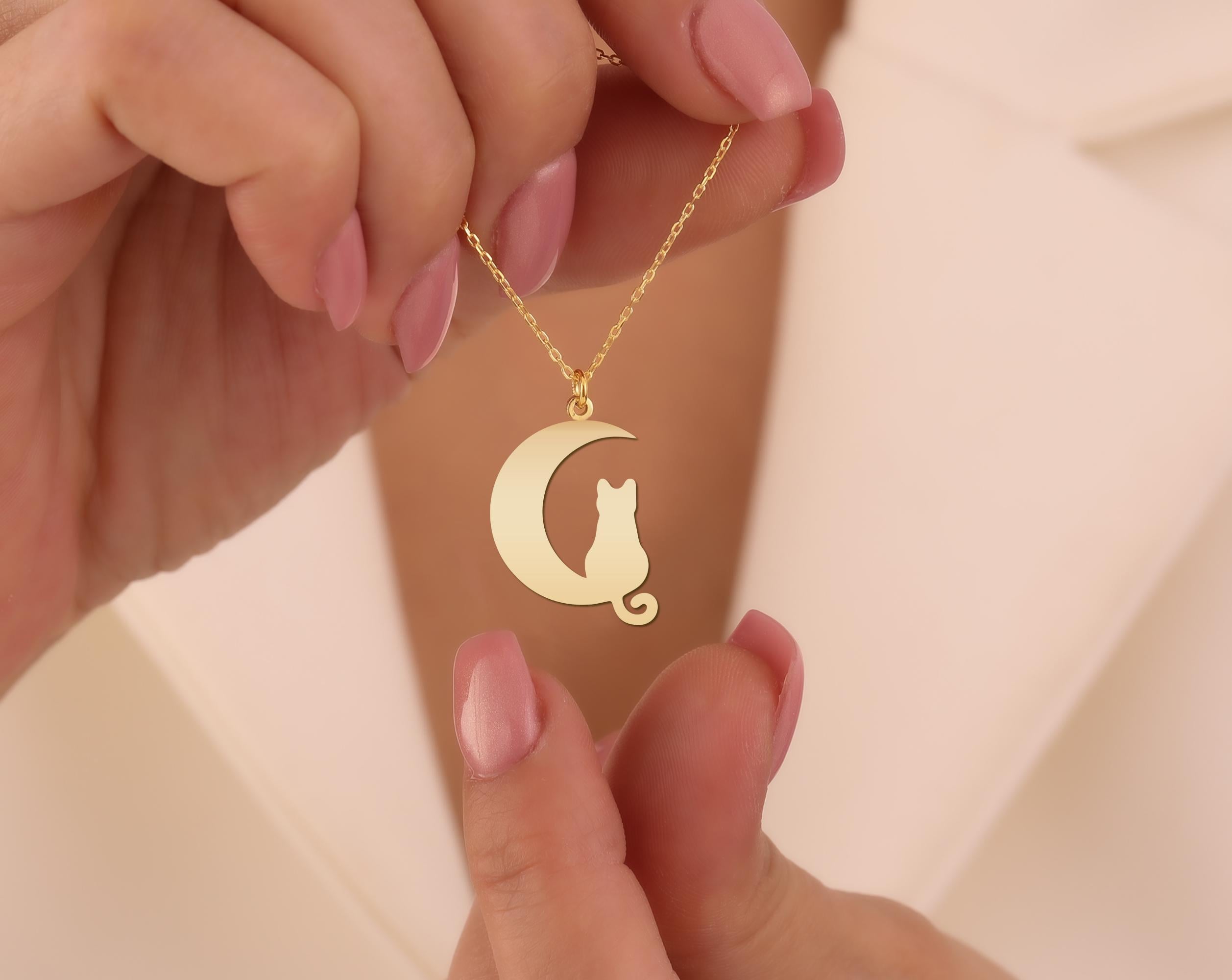 Cat and Moon Necklace - Minimalist Gold Jewelry for Cat Lovers - Unique Cat Pendant Gift for Women