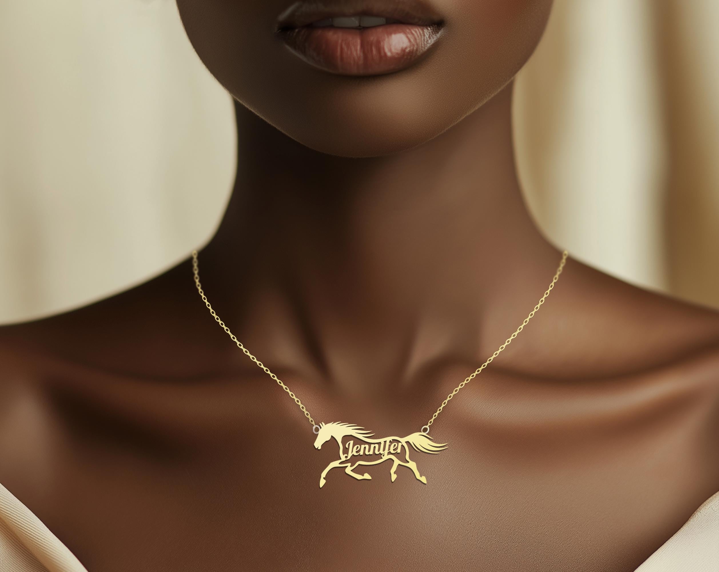 Custom Name Necklace with Horse Pendant | Gold Plated Equestrian Jewelry | Perfect Personalized Gift