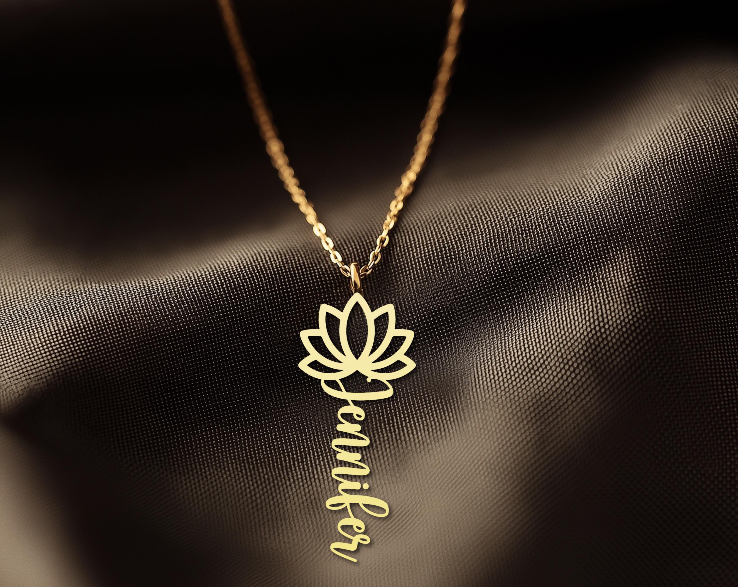 Personalized Lotus Flower Necklace - Custom Name Pendant - Gold Plated Spiritual Jewelry for Women