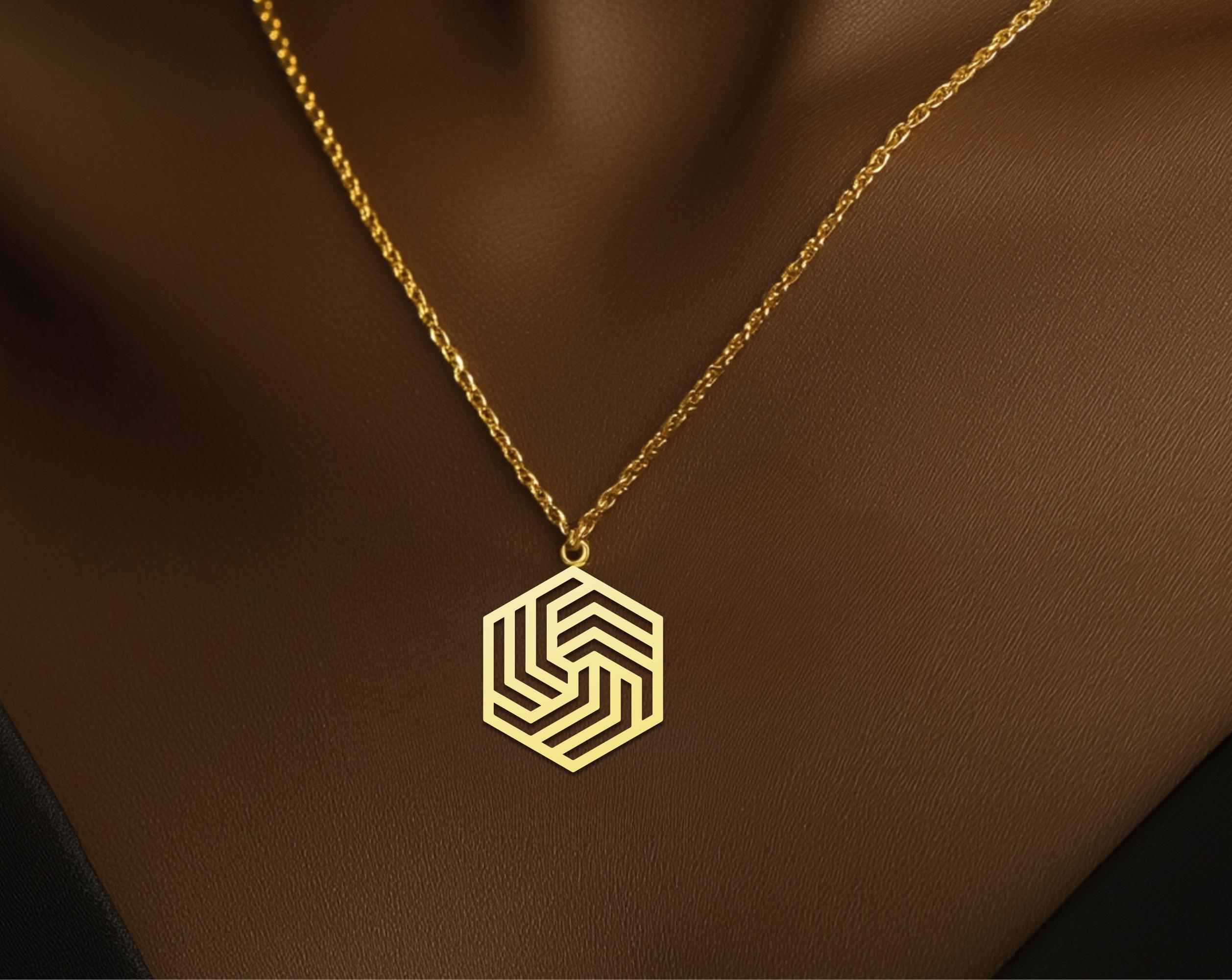 Contemporary Hexagon Pendant Necklace - Geometric Gold Jewelry