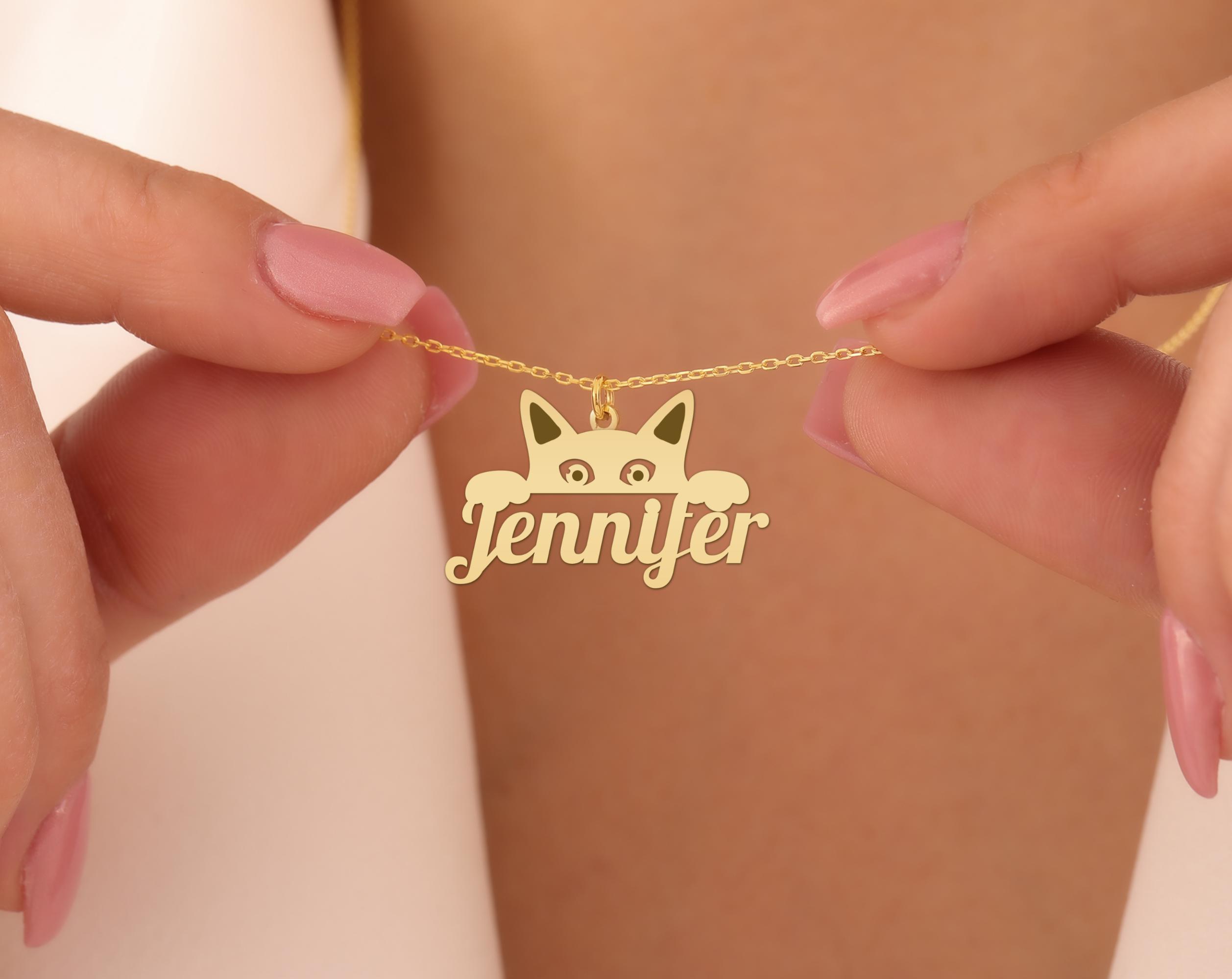 Custom Peeking Cat Name Necklace - Gold Plated Silver Pendant - Minimalist Jewelry for Cat Lovers