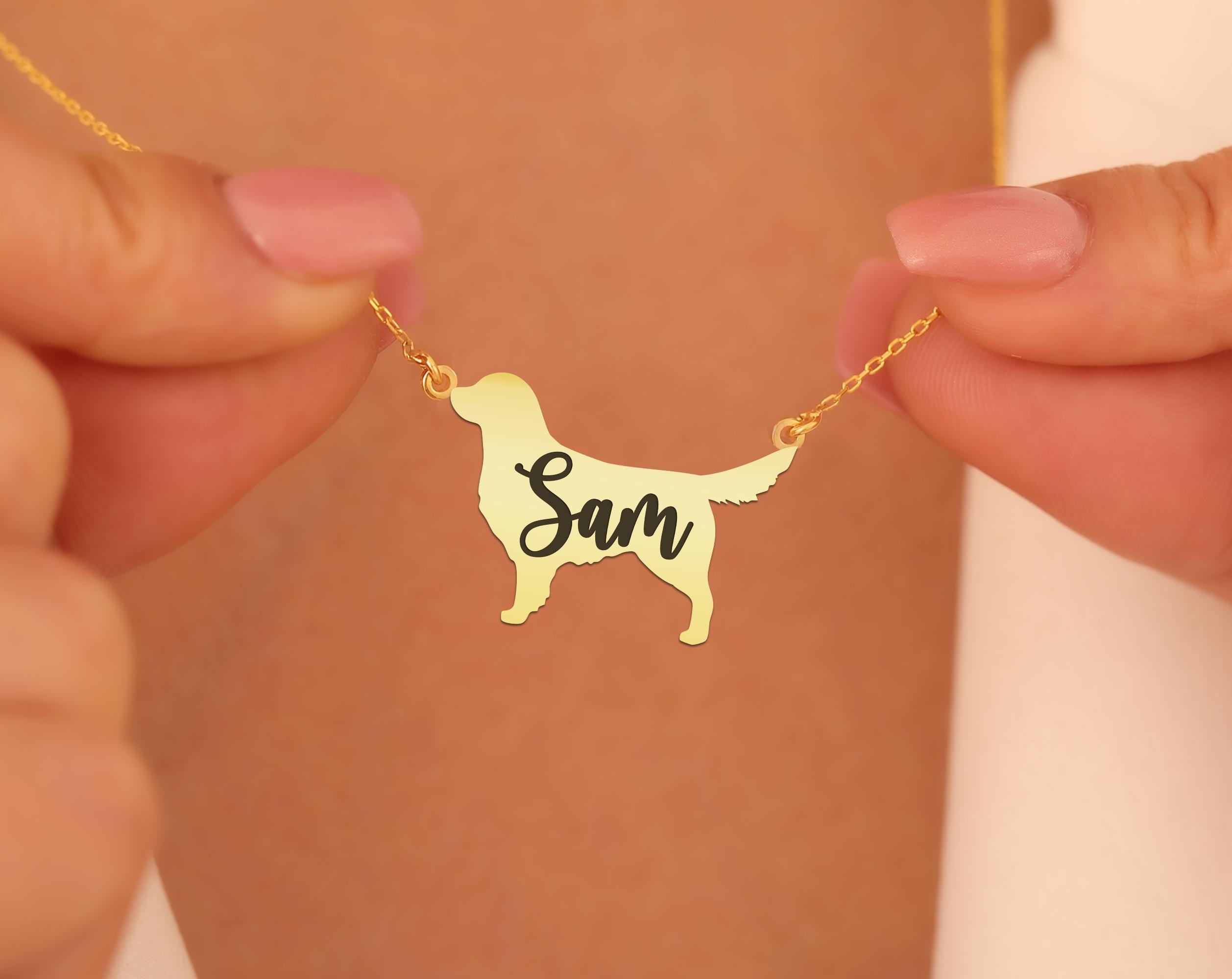 Golden Retriever Name Necklace in Gold Plated Silver | Personalized Dog Lover Jewelry | Custom Pet Name Pendant