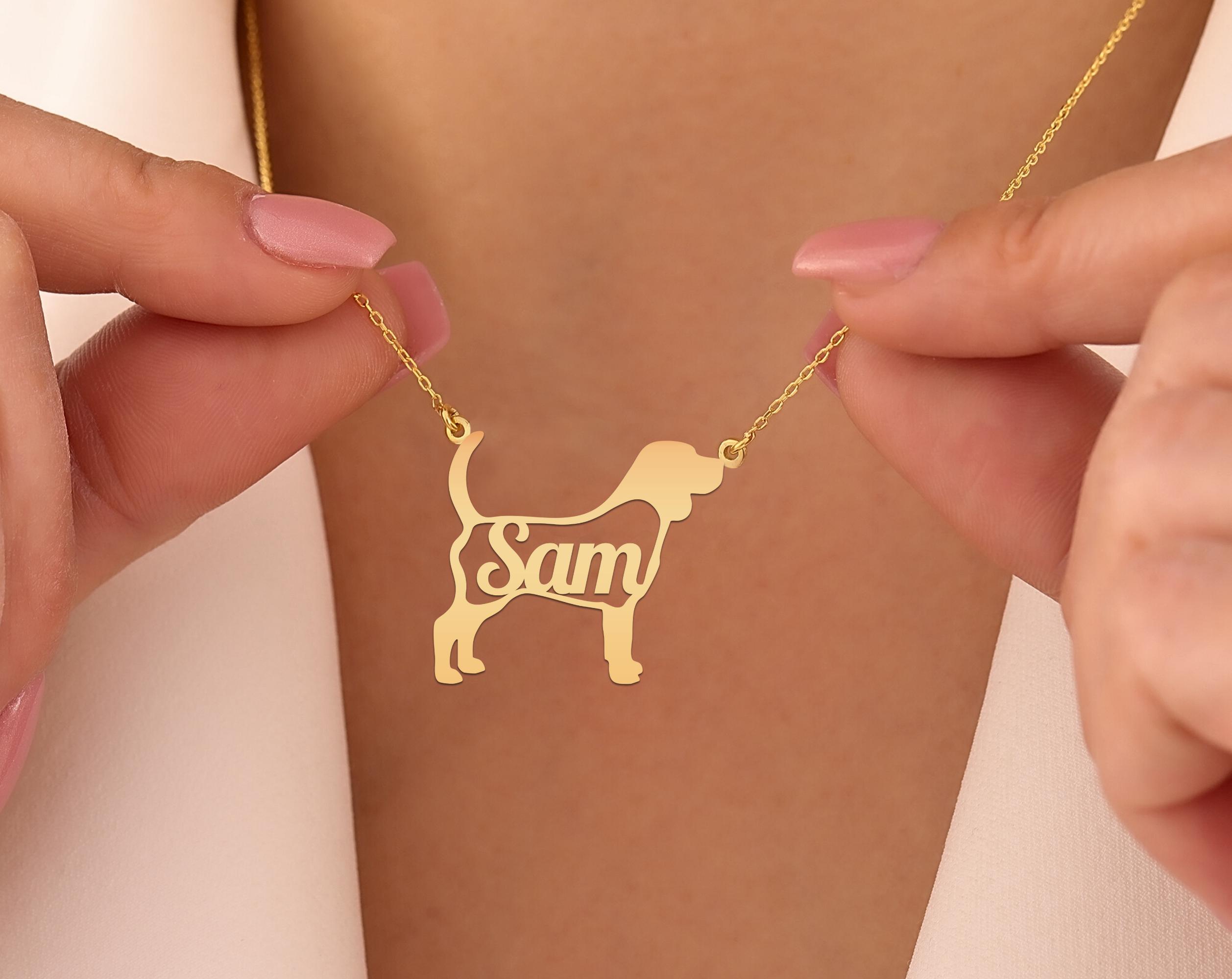 Personalized Beagle Name Necklace in Gold Plated Silver | Custom Dog Silhouette Jewelry for Beagle Lovers | Unique Pet Gift