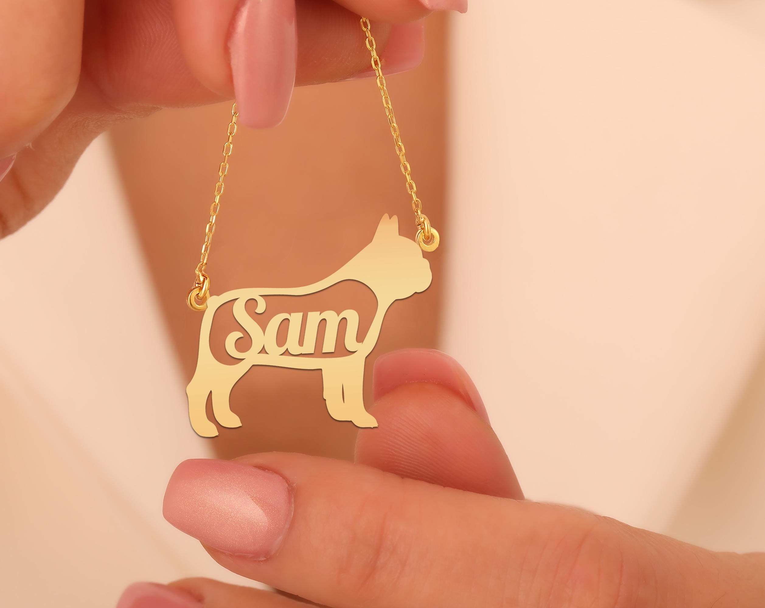 Custom French Bulldog Name Necklace in Gold Plated Silver | Custom Dog Lover Jewelry | Personalized Gift for Pet Owners