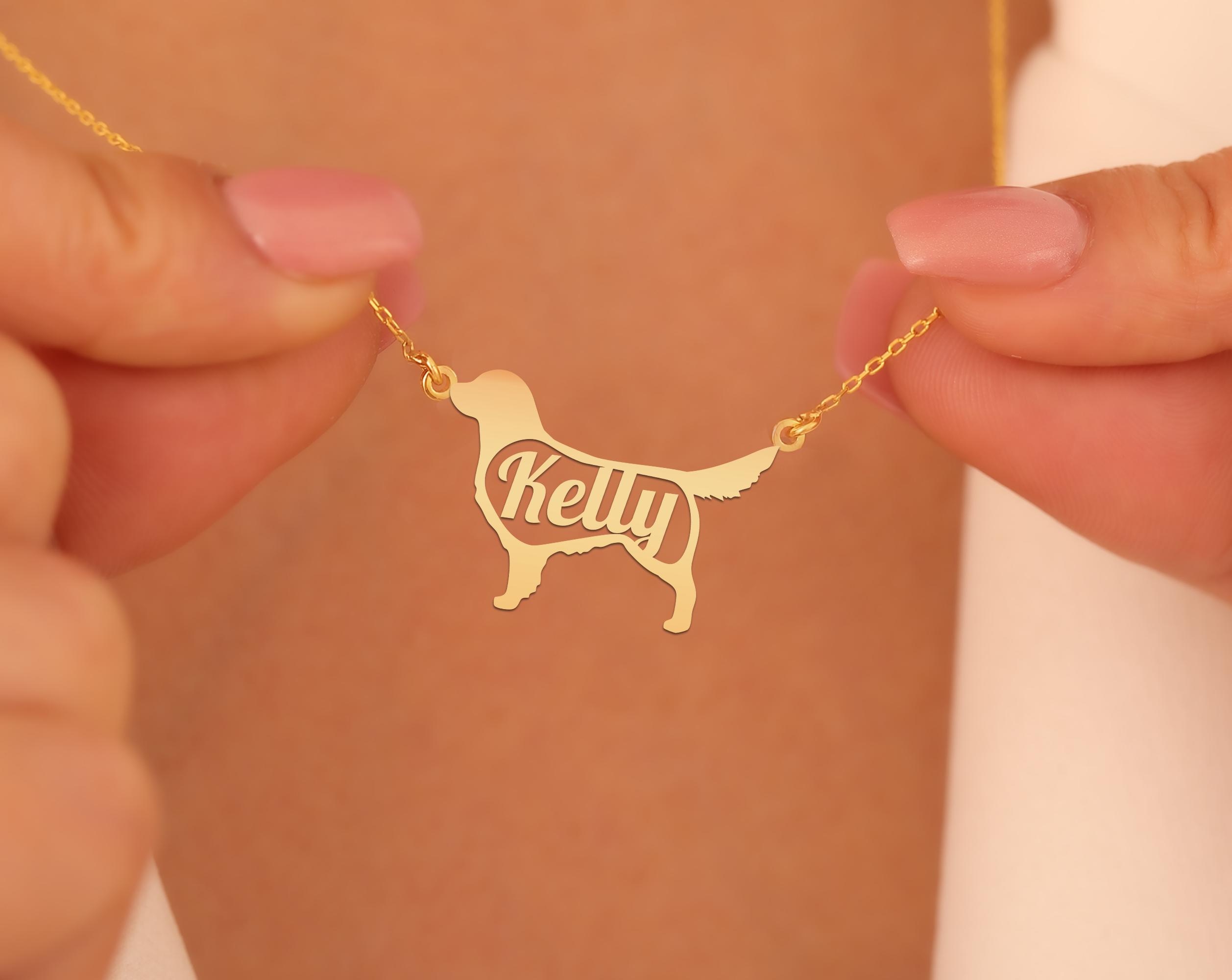 Personalized Golden Retriever Name Necklace | Custom Dog Pendant in Gold Plated Silver | Dog Lover Jewelry Gift