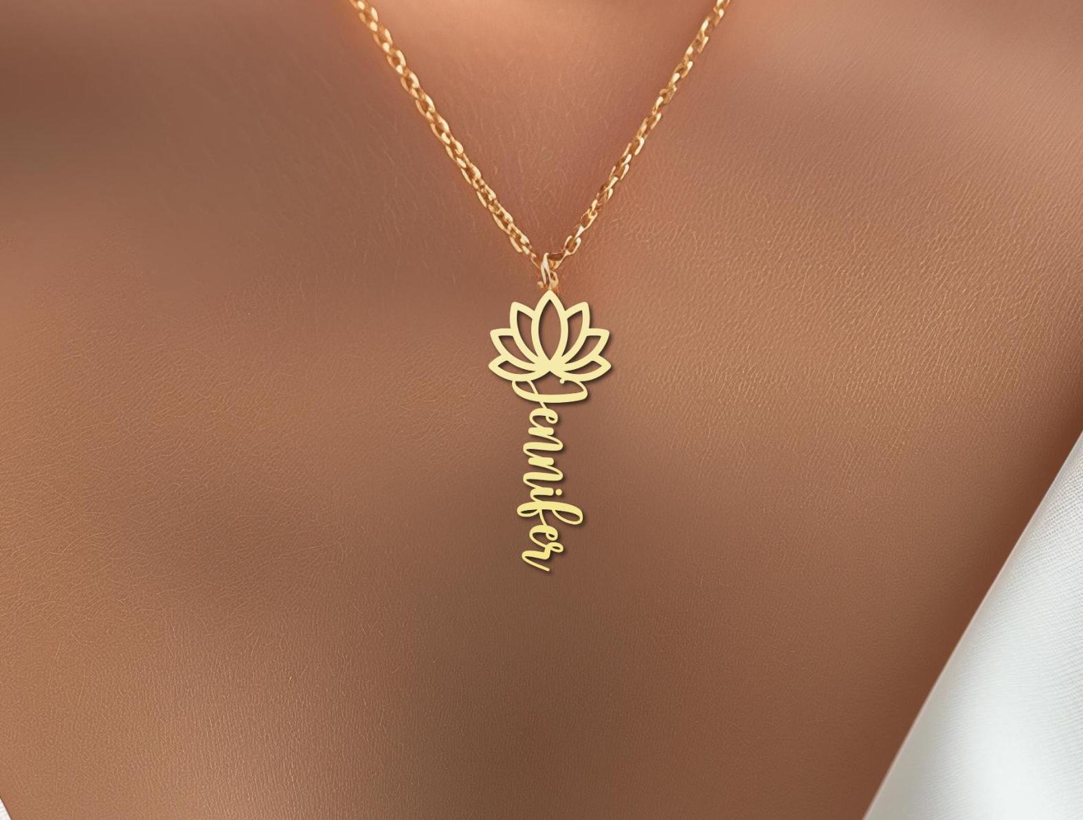 Custom Name Necklace with Lotus Charm - Gold Plated Personalized Yoga Jewelry