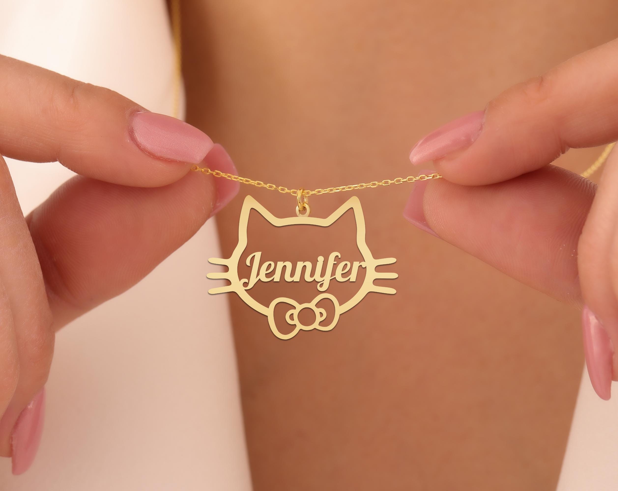 Custom Cat Name Necklace with Bottom Bow - Personalized Kitty Jewelry - Gold Plated Gift for Girls, Cat Moms & Pet Lovers