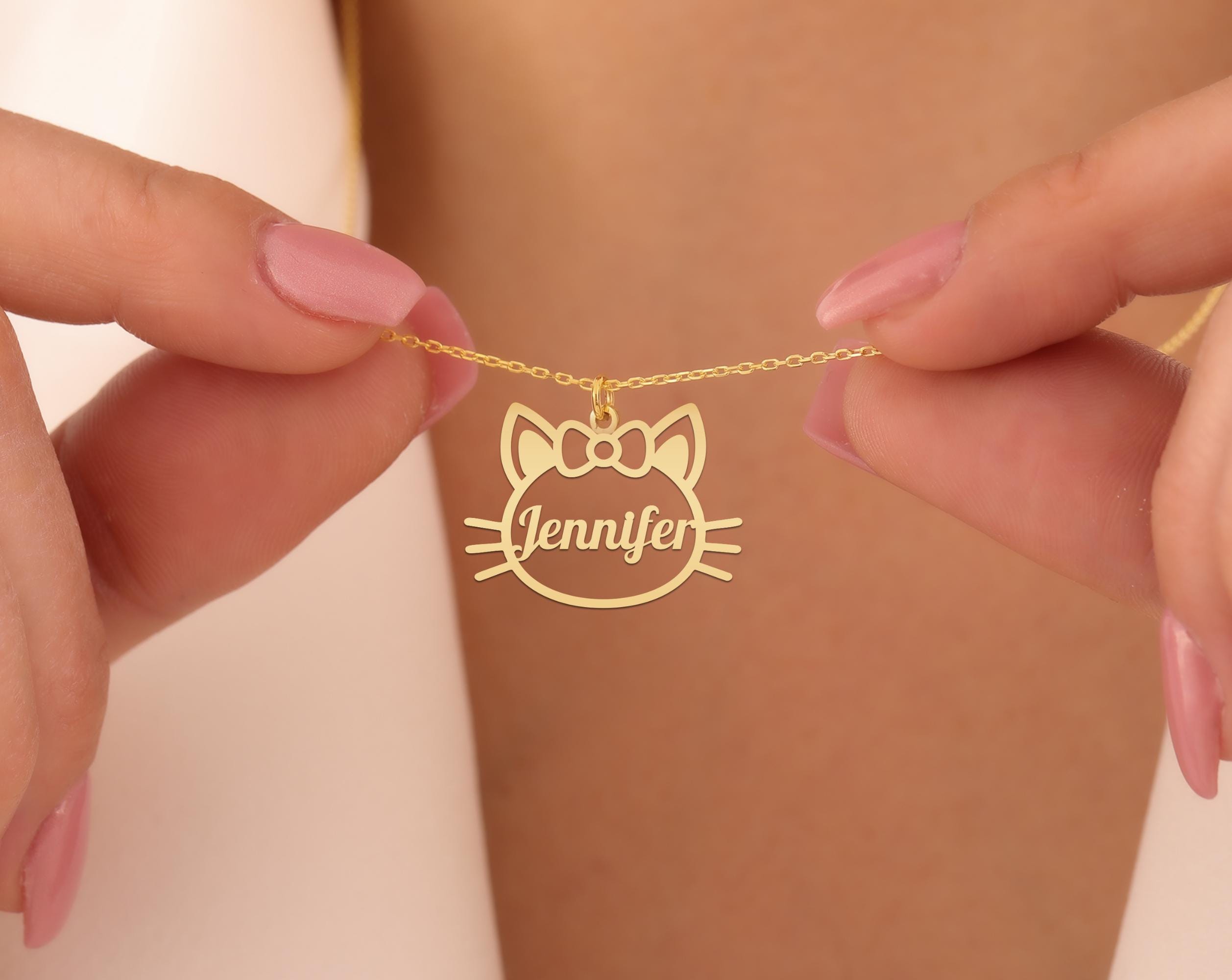 Personalized Cat Name Necklace with Bow - Cute Kitty Gold Plated Pendant - Custom Pet Lover Gift for Girls & Cat Moms Jewelry