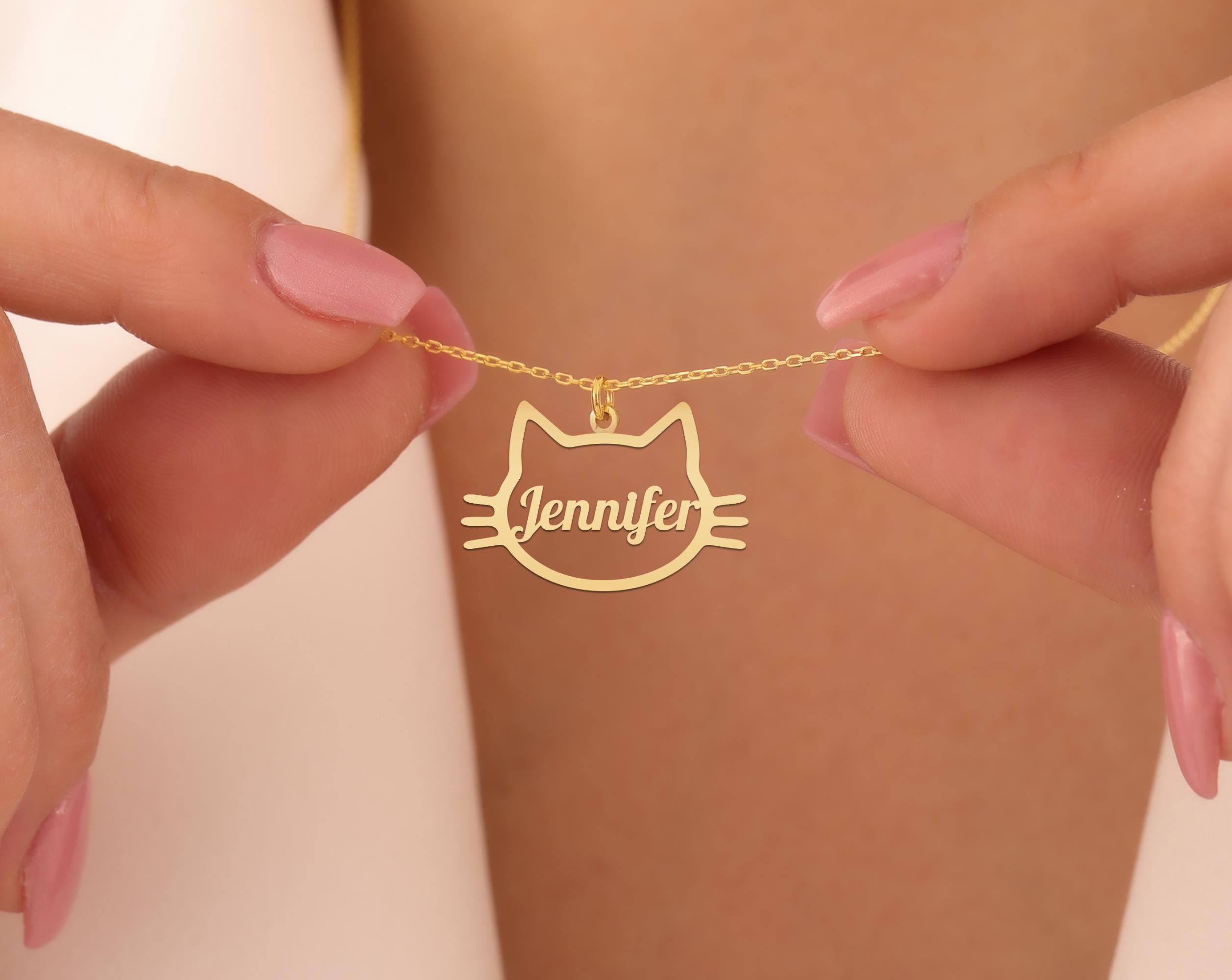 Custom Cat Name Necklace - Gold Plated Kitty Pendant - Personalized Pet Lover Gift - Cute Cat Silhouette Jewelry for Women & Girls