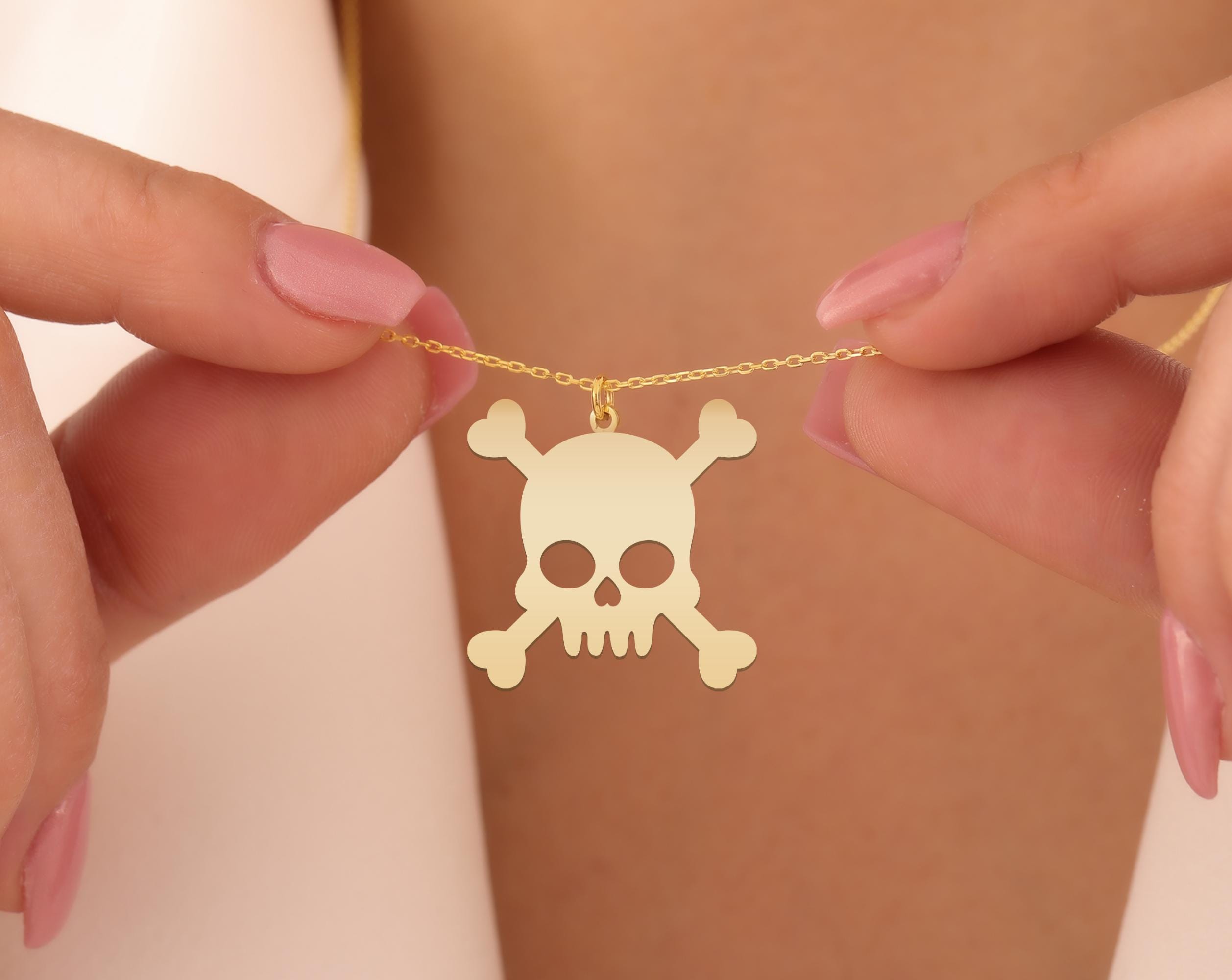 Skull and Crossbones Necklace - Gold Plated Pirate Pendant - Cute Punk Skull Jewelry - Edgy Goth Charm Gift - Crossbone Pirate Symbol