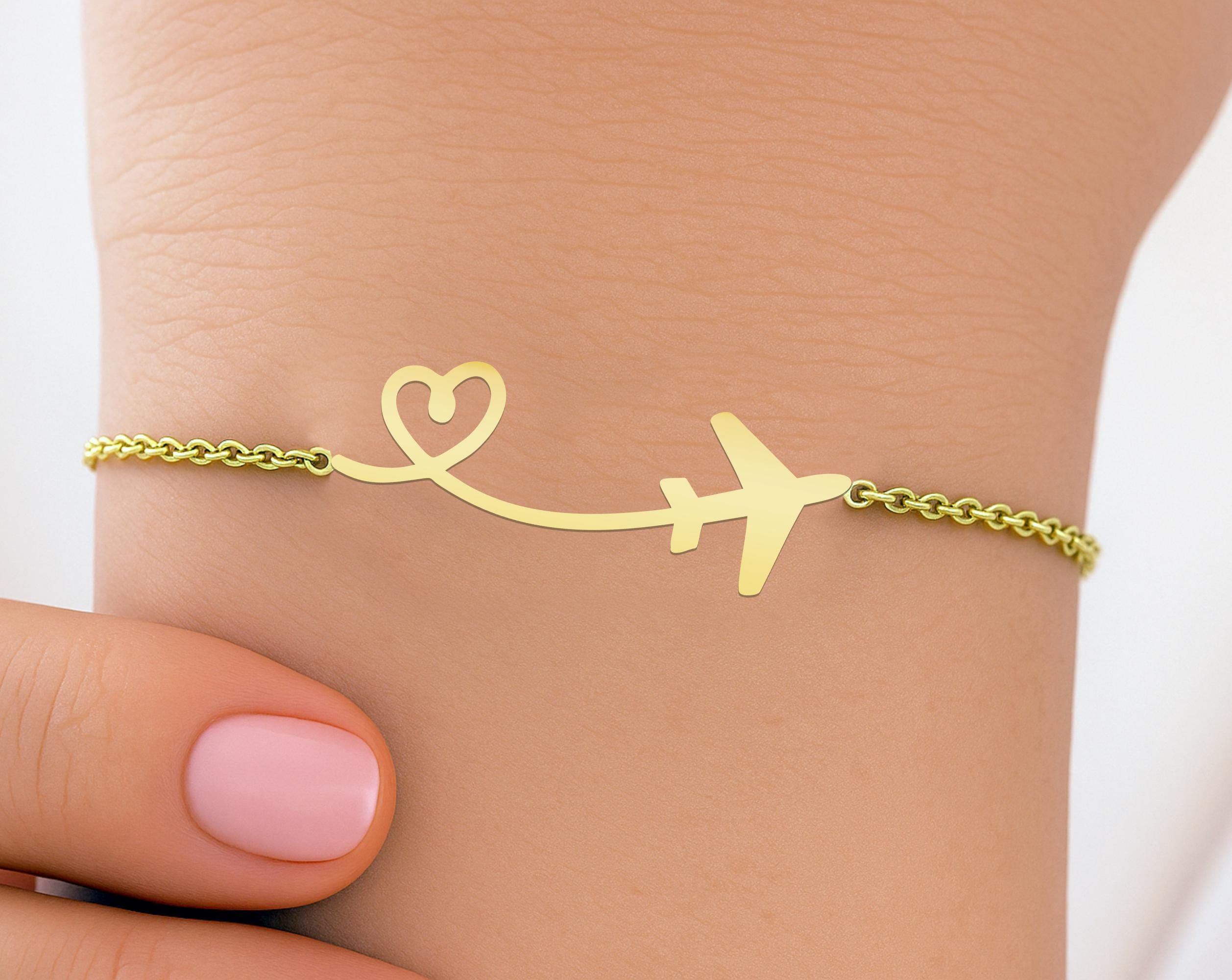 Travel Bracelet with Airplane and Heart – Gold Plated Sterling Silver Wanderlust Jewelry – Gift for Traveler Women and Girls