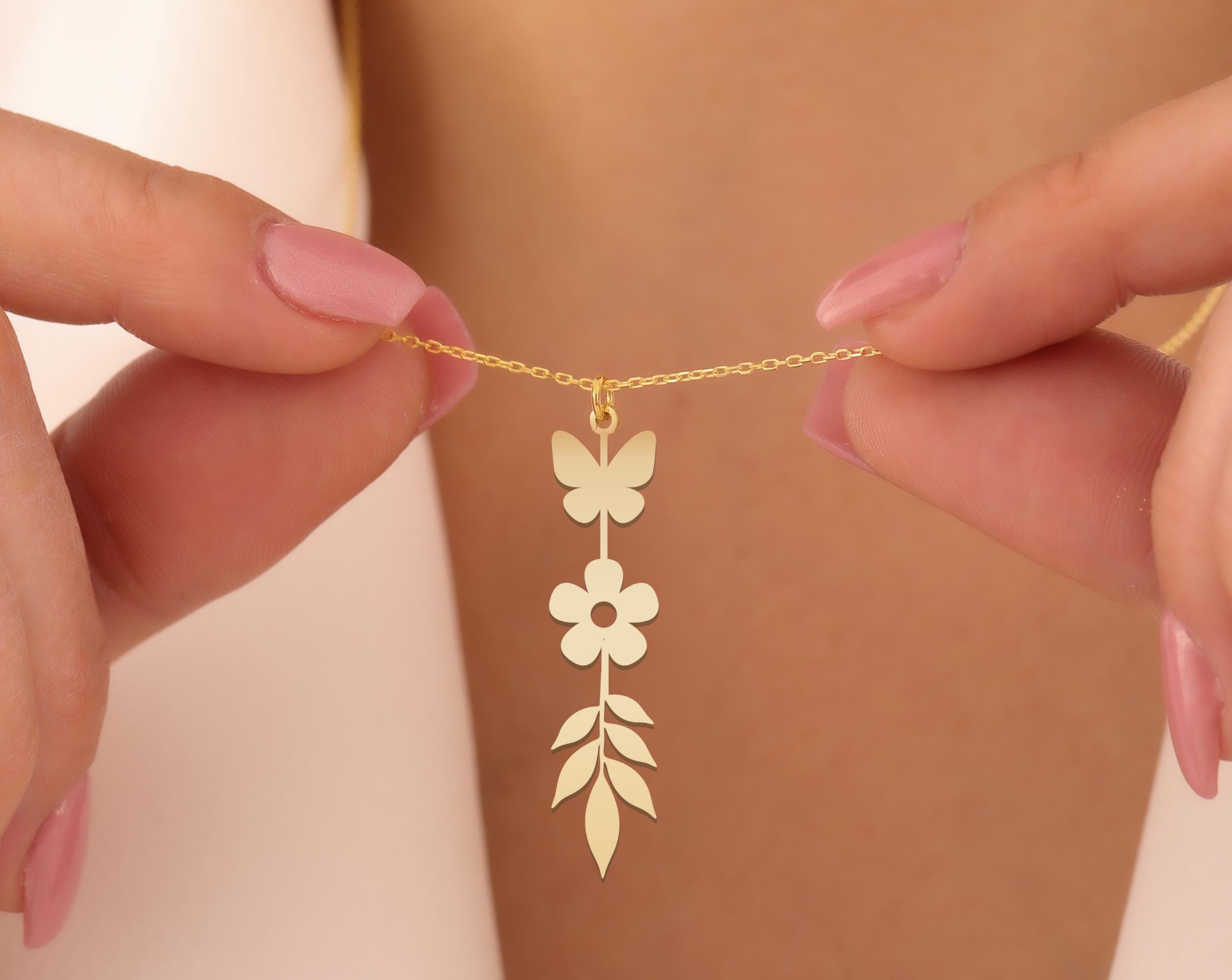 Custom Symbol Necklace Gold – Personalized Pendant with Your Choice of Butterfly, Flower, Leaf, or Any Icons – Meaningful Jewelry Gift