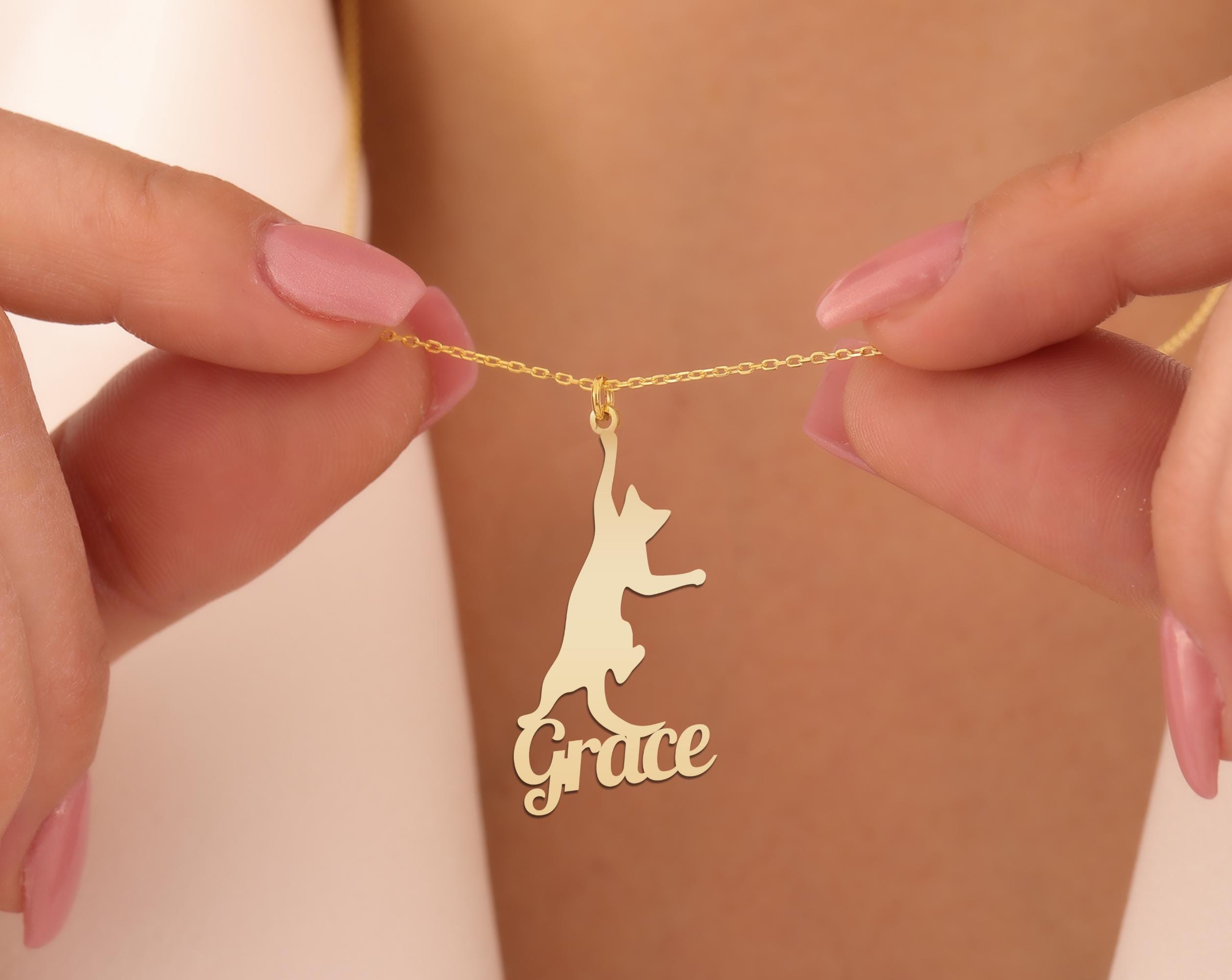 Custom Cat Name Necklace – Gold Plated Silver Jumping Kitty Pendant for Cat Lovers – Personalized Pet Jewelry Gift for Women & Girls