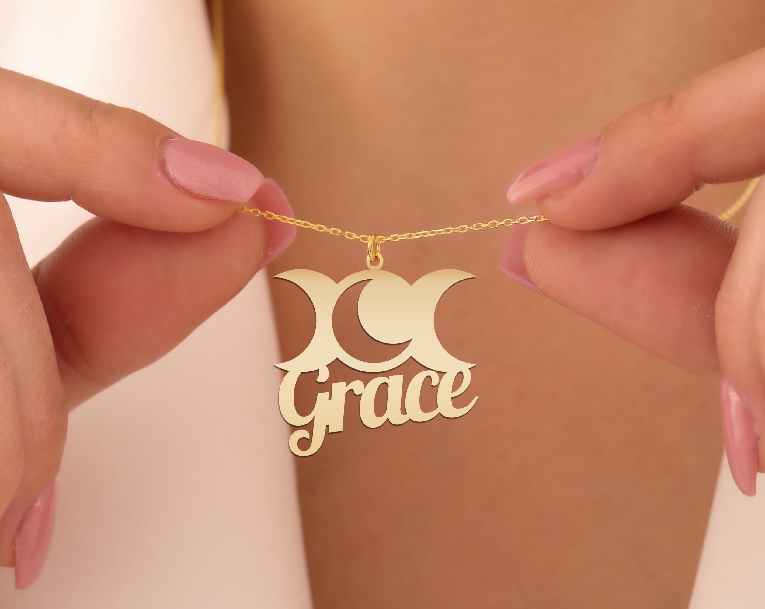Triple Moon Name Necklace – Gold Plated Silver Goddess Jewelry with Custom Name – Wiccan Pagan Moon Phases Pendant Gift for Women