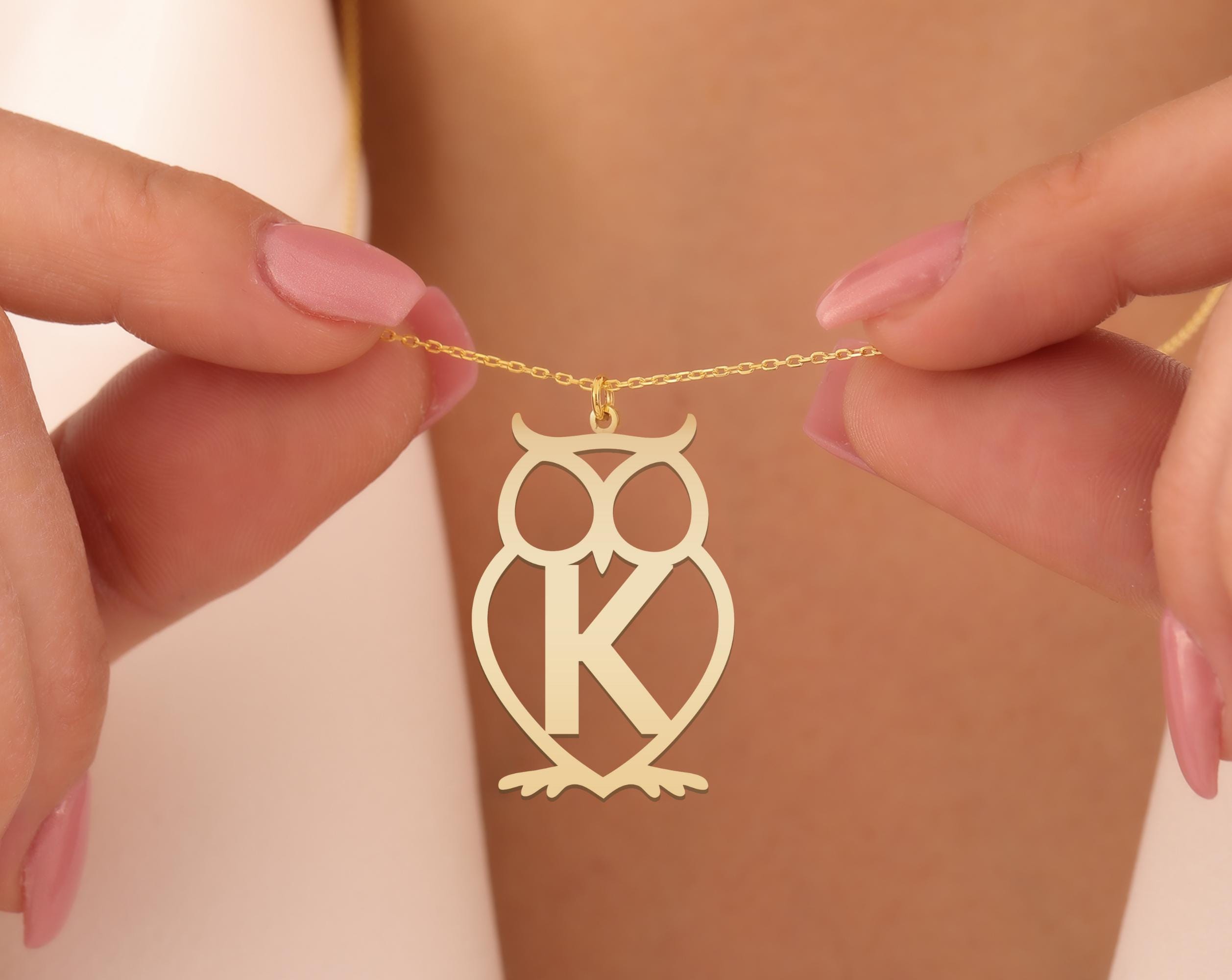 Personalized Owl Initial Necklace – Gold Plated Owl Initial Necklace – Custom Letter Pendant – Wise Animal Jewelry Gift
