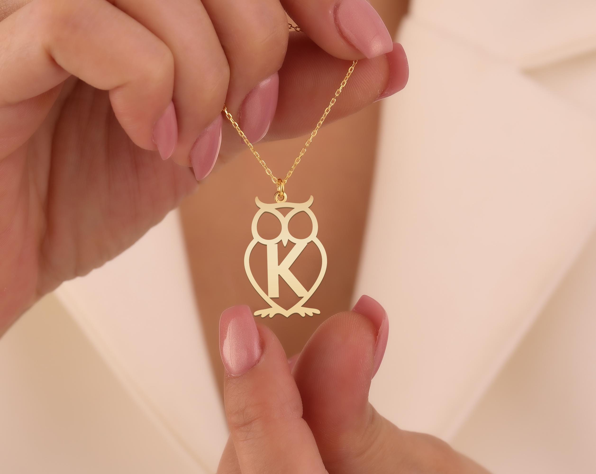 Owl Necklace – Custom Owl Initial Necklace – Personalized Letter Pendant – Wise Animal Jewelry Gift