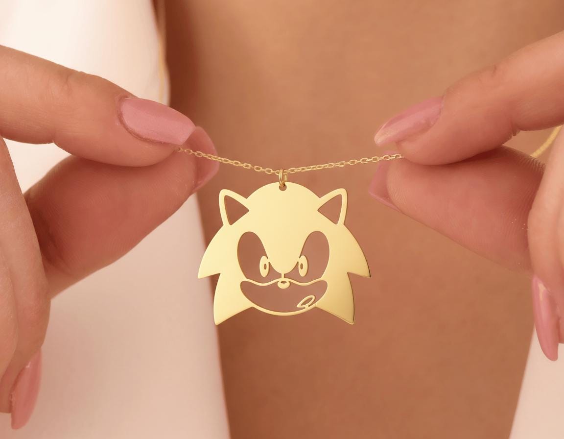 Sonic Face Pendant: Gold Plated Cartoon Character Necklace