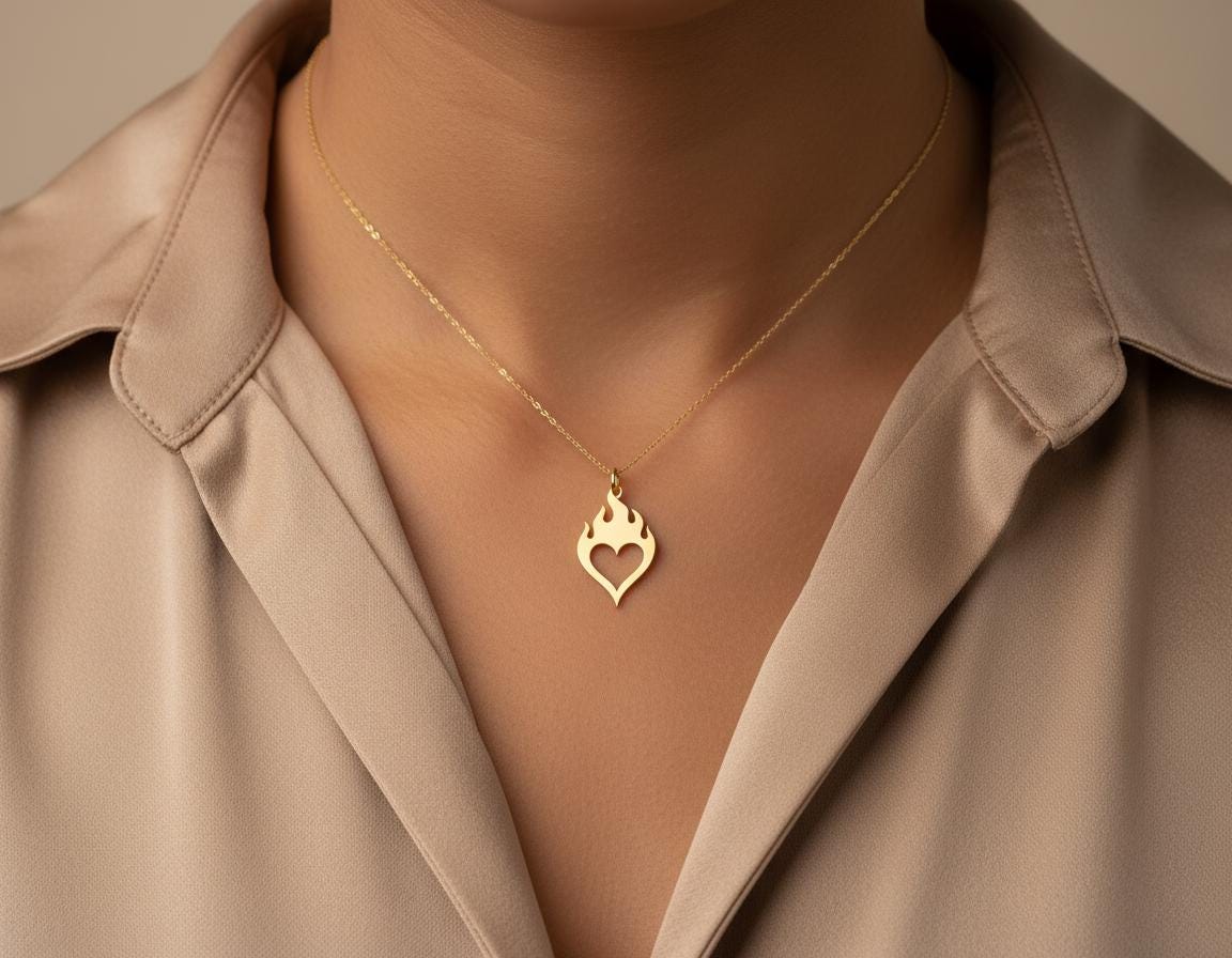Flame Heart Necklace: Gold Finish Delicate Pendant