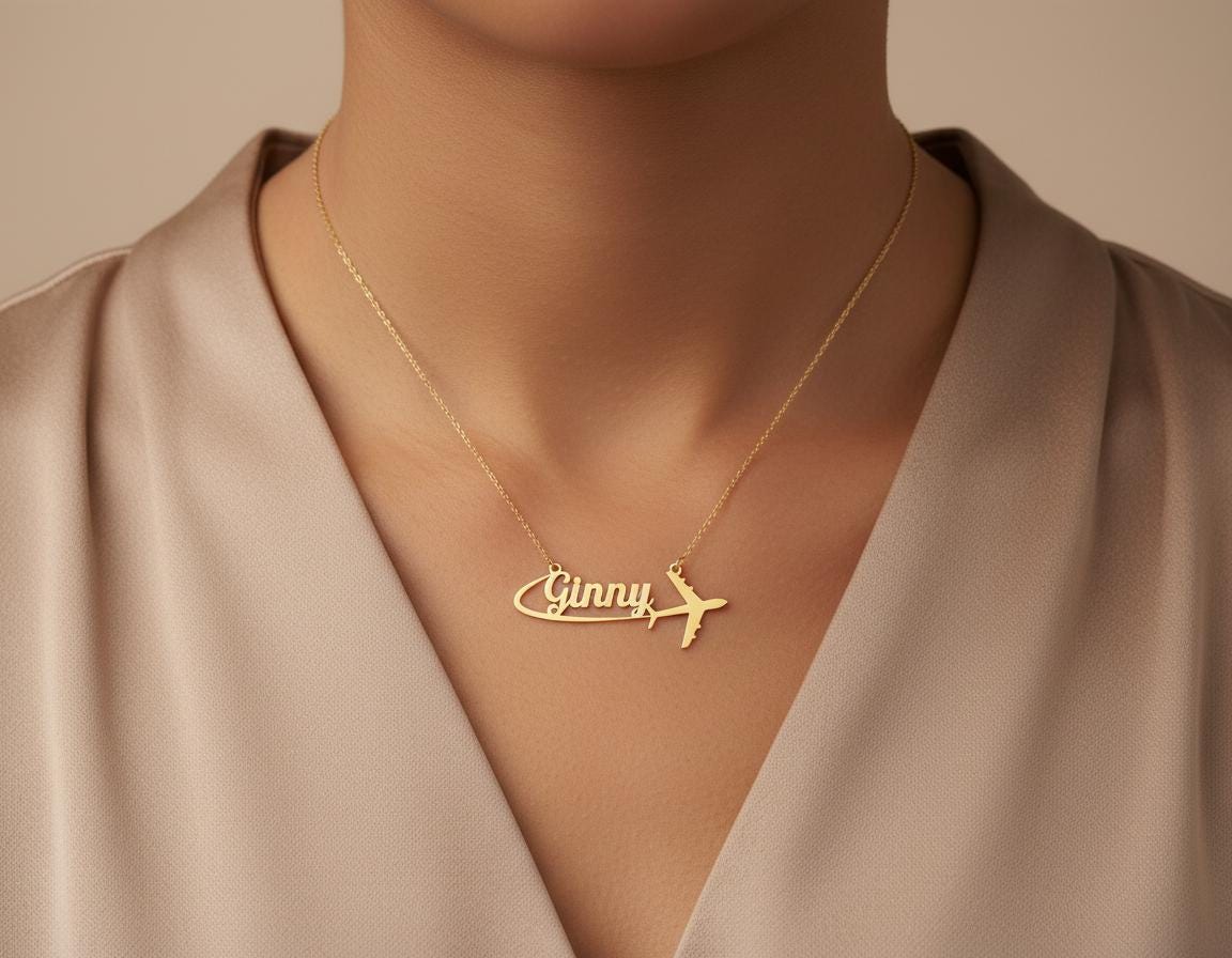 Personalized Airplane Necklace: Gold Plated Travel Name Pendant