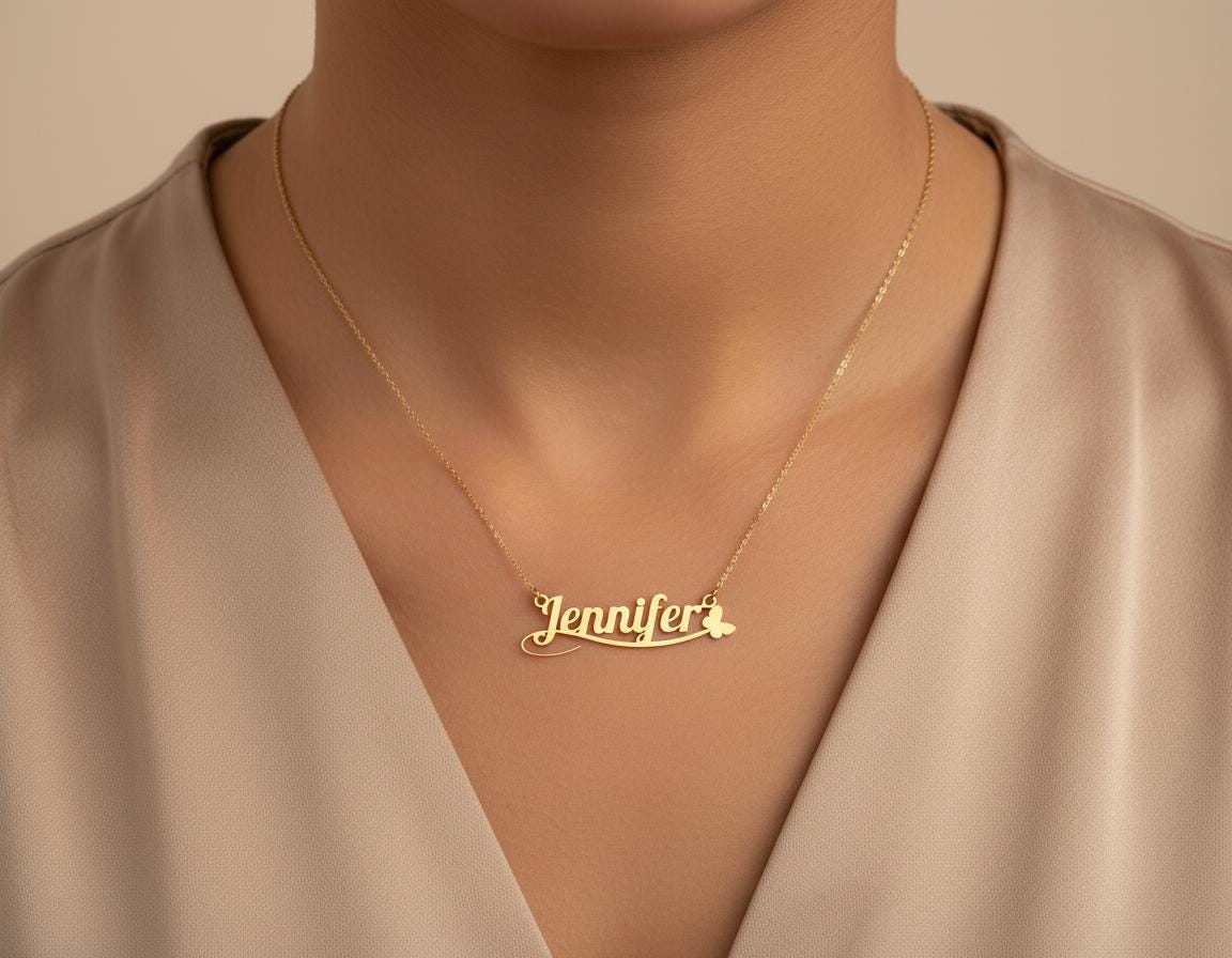 Personalized Name Necklace: Gold Plated Elegant Script With Butterfly Detail