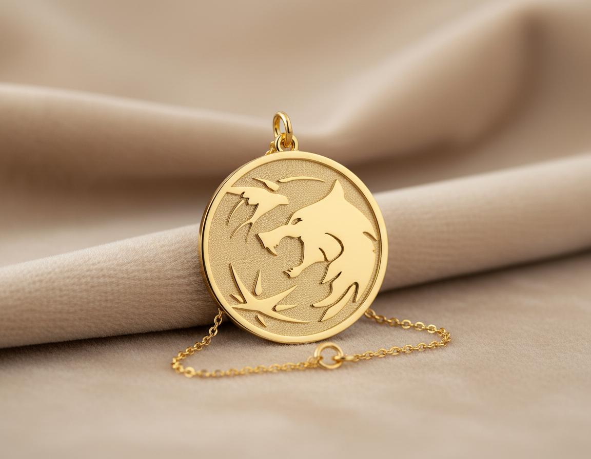 Witcher Wolf Pendant: Gold Plated Round Wolf Design Necklace