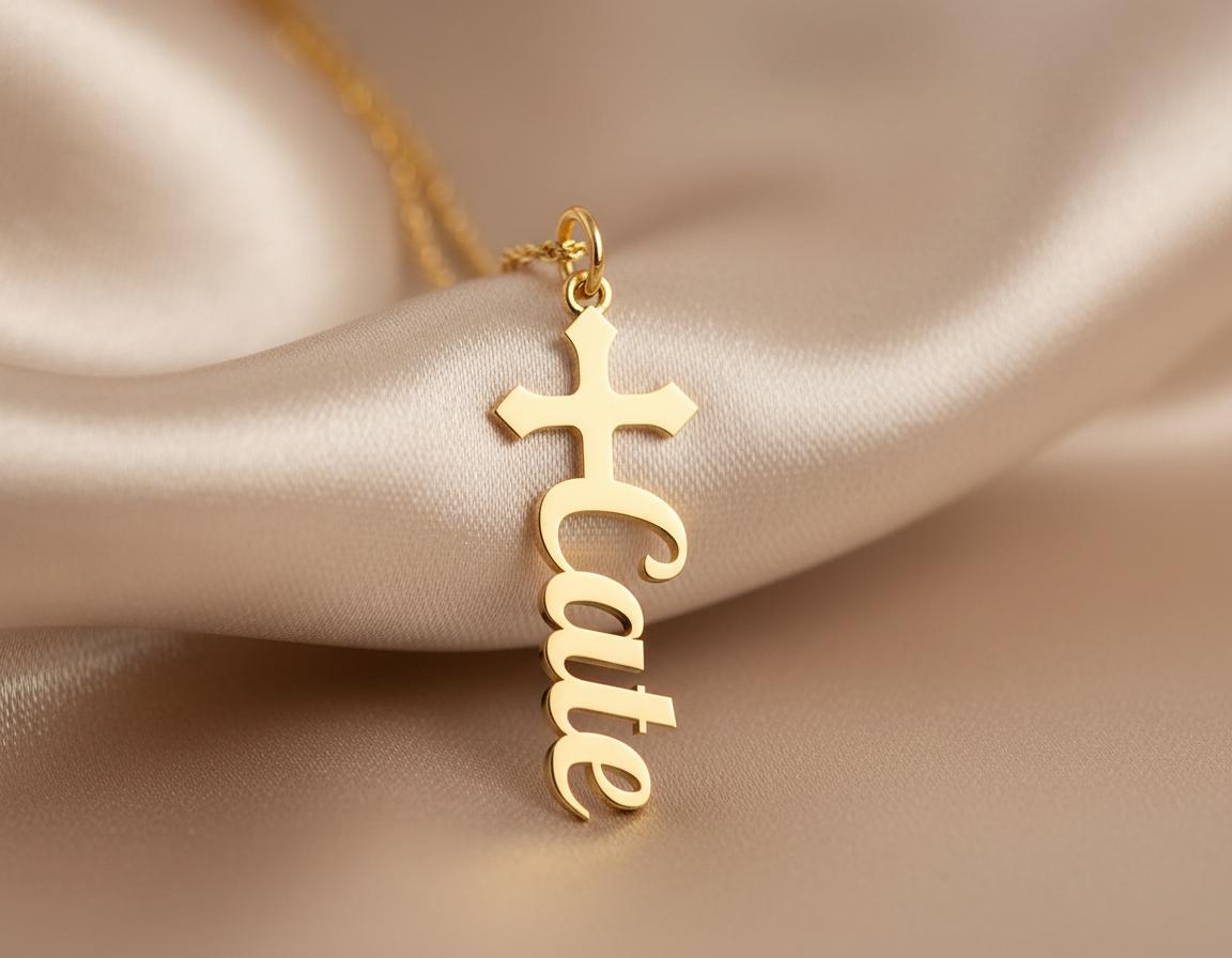 Personalized Cross Name Necklace: Gold Finish Decorative Style
