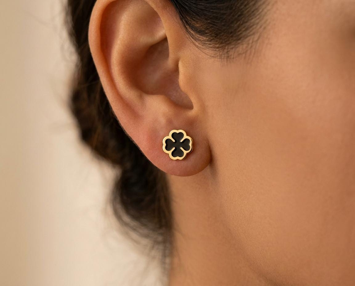 Clover Earrings - Sterling Silver Black Enamel Studs