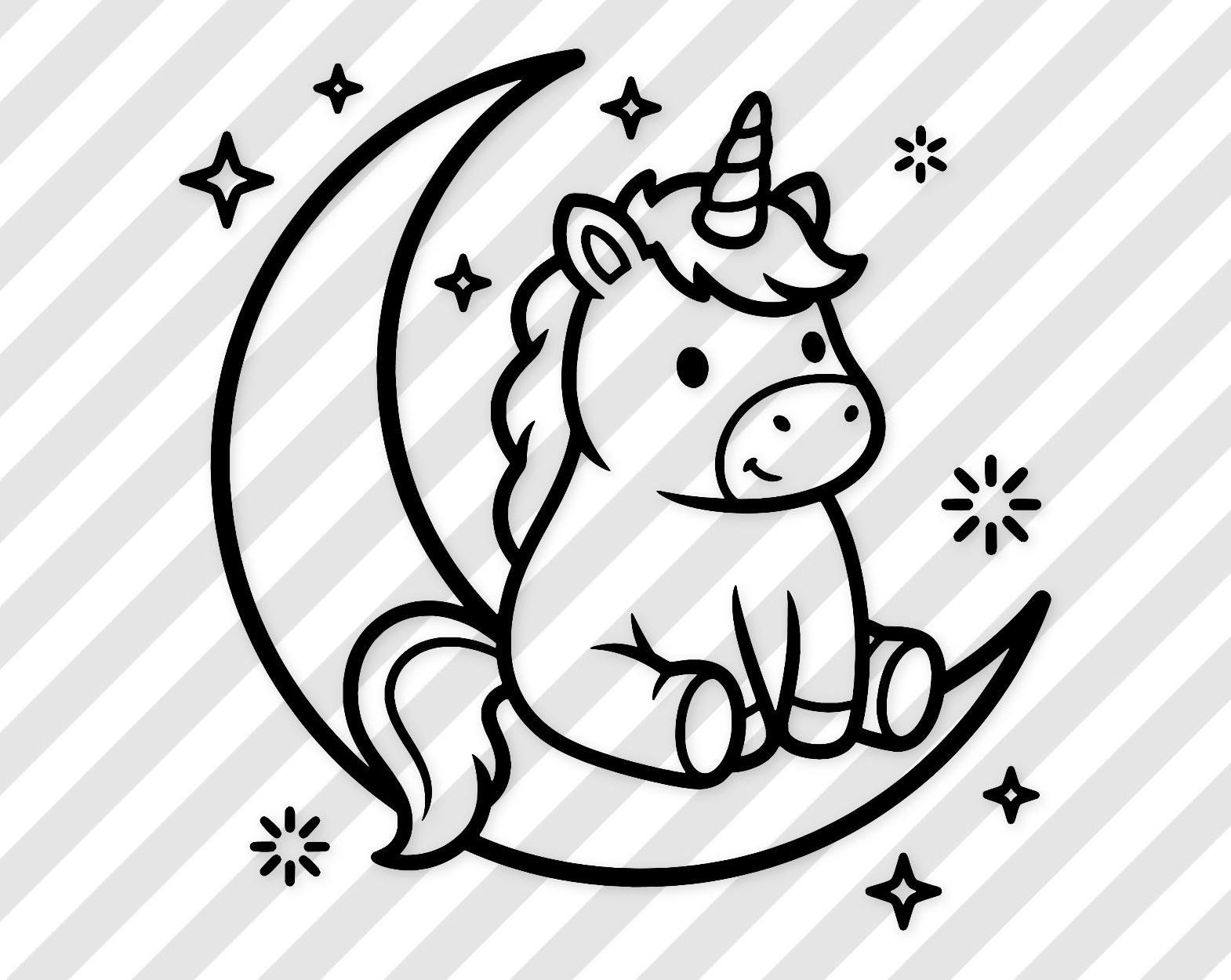 Unicorn On Crescent Moon Digital Artwork: Black And White Svg With Night Sky Elements