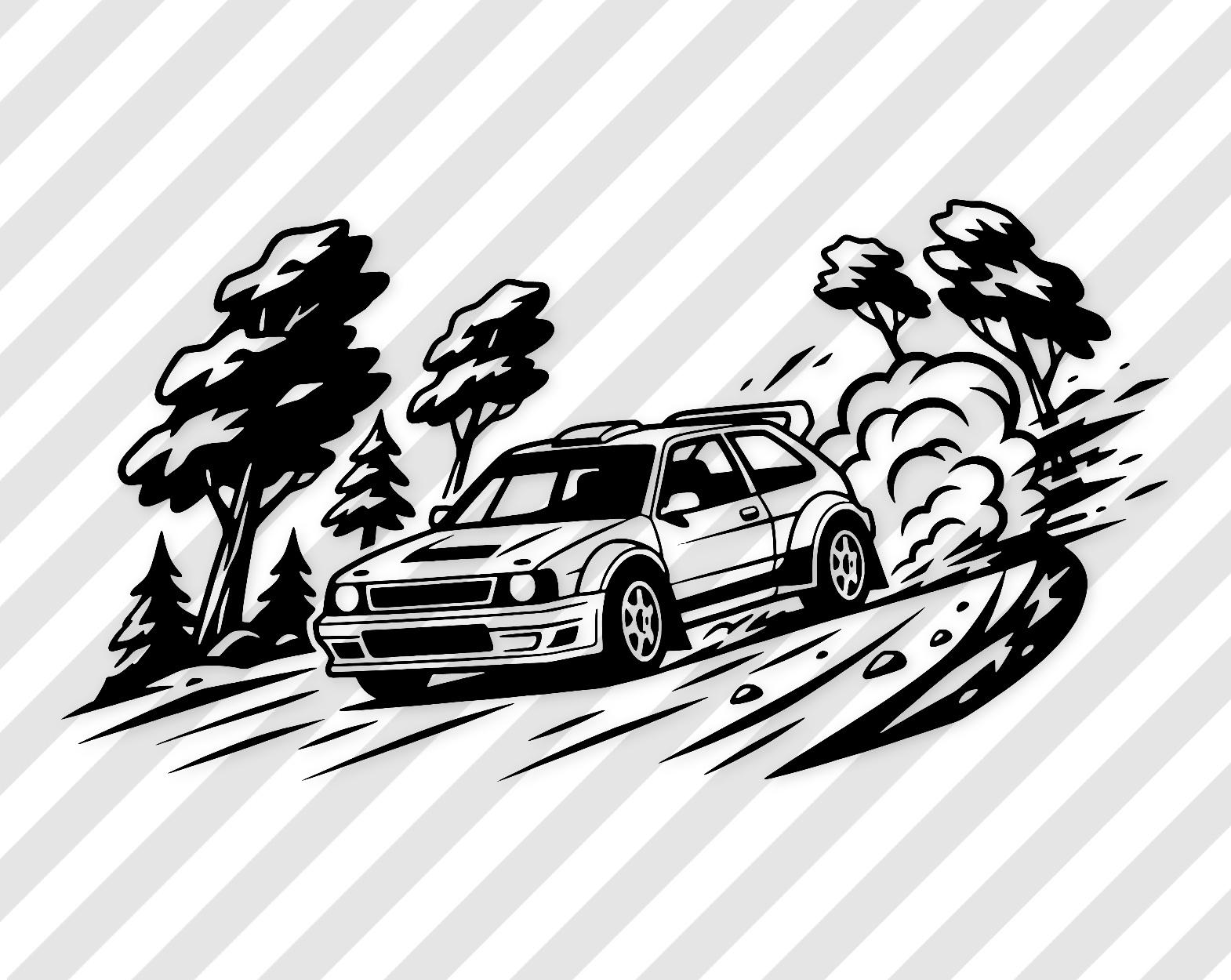 Rally Sport Car Digital Artwork: Black-And-White Vector Illustration