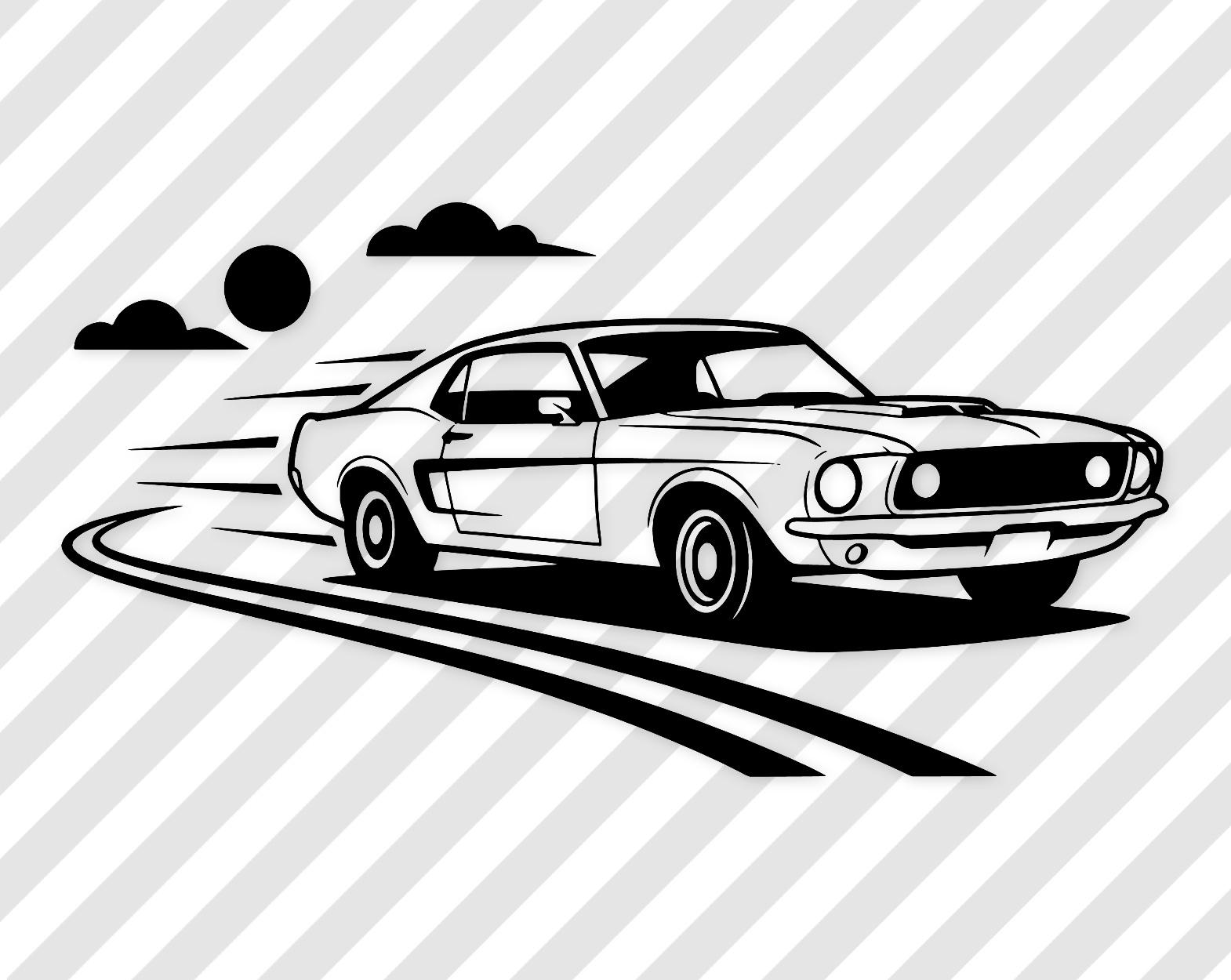 Muscle Car Vector Art: Black-And-White Flat Svg Illustration