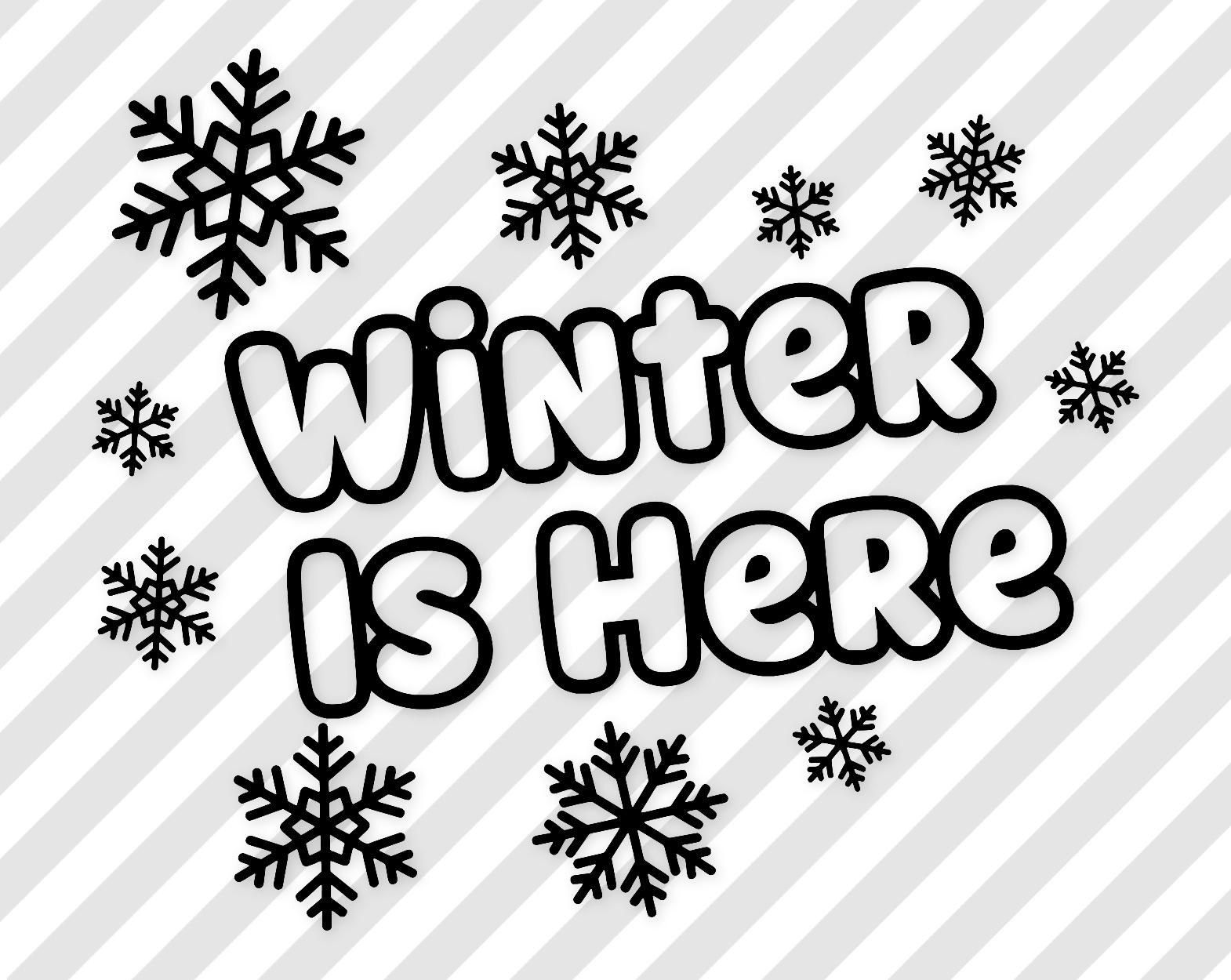 Winter Is Here Digital Artwork: Black-And-White Line Art With Snowflakes