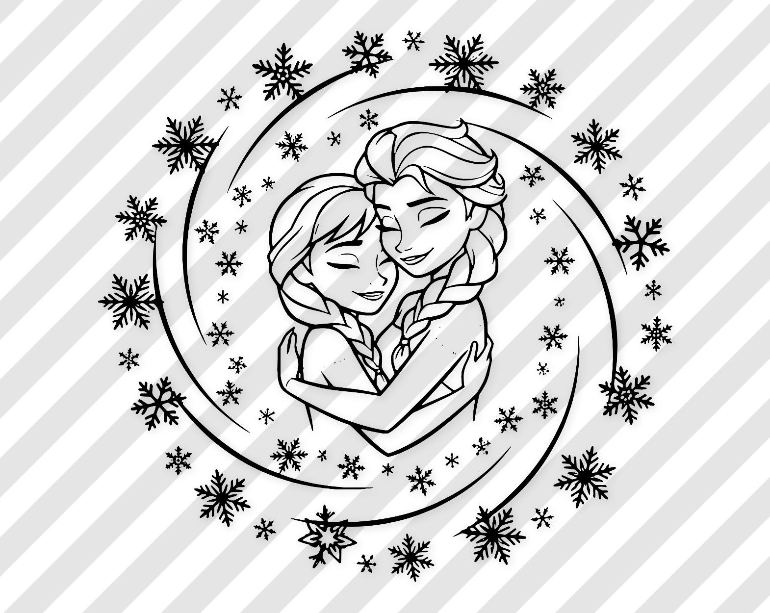 Elsa And Anna Embrace Digital Art: Black And White Vector Illustration