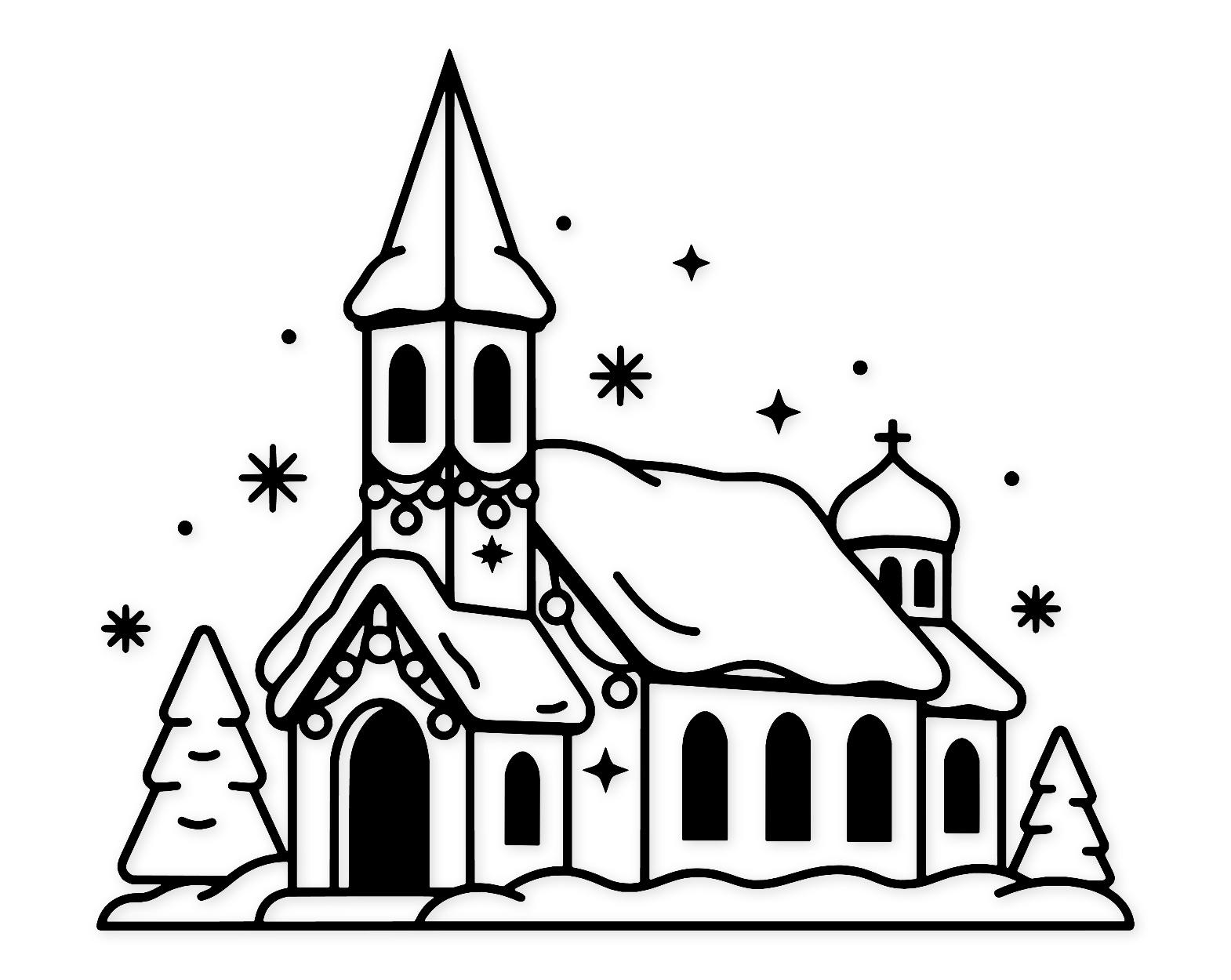 Christmas Church Scene Svg Png: Clean Outline Digital Design For Holiday Decor